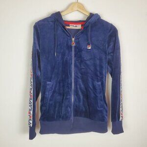 Vintage Fila‎ S Navy Blue Hooded Full zip Velour Jacket Ribbon Sleeve Spellout